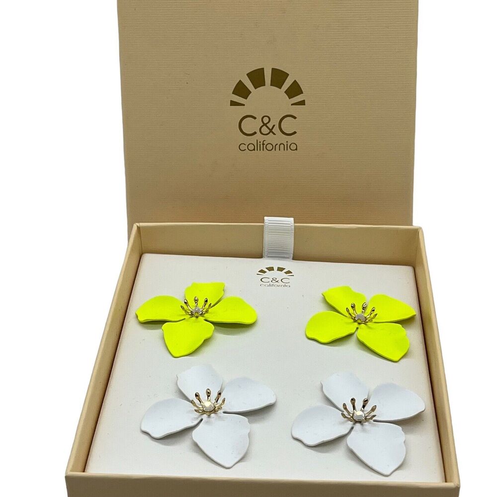 C&C California 2 Hibiscus Flower Earrings Neon Yellow White Set of two New Boxed